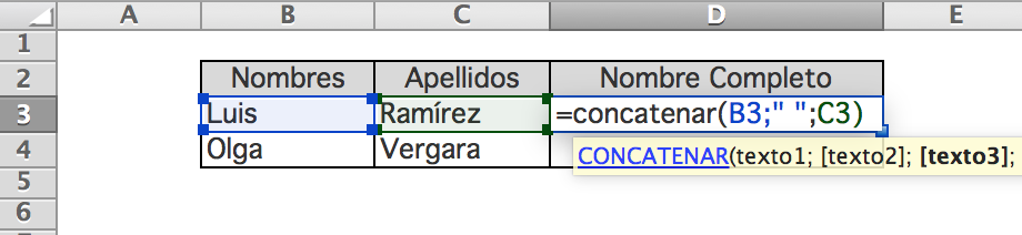 Ejemplo función concatenar Excel